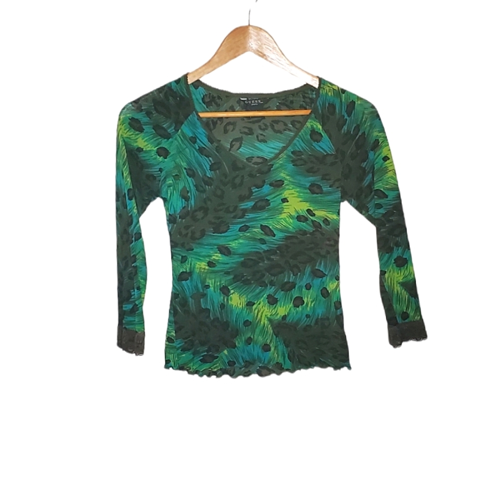 Playful Peacock Brightly Colored Leopard Blend V-Neck with Lace Edging